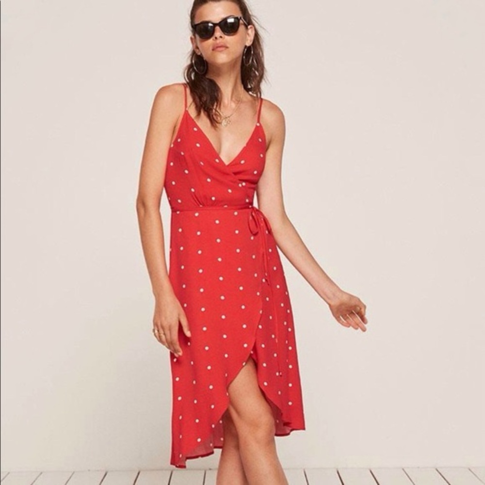 Reformation Red Anouk Polka Dot Frill Tulip Wrap Dress